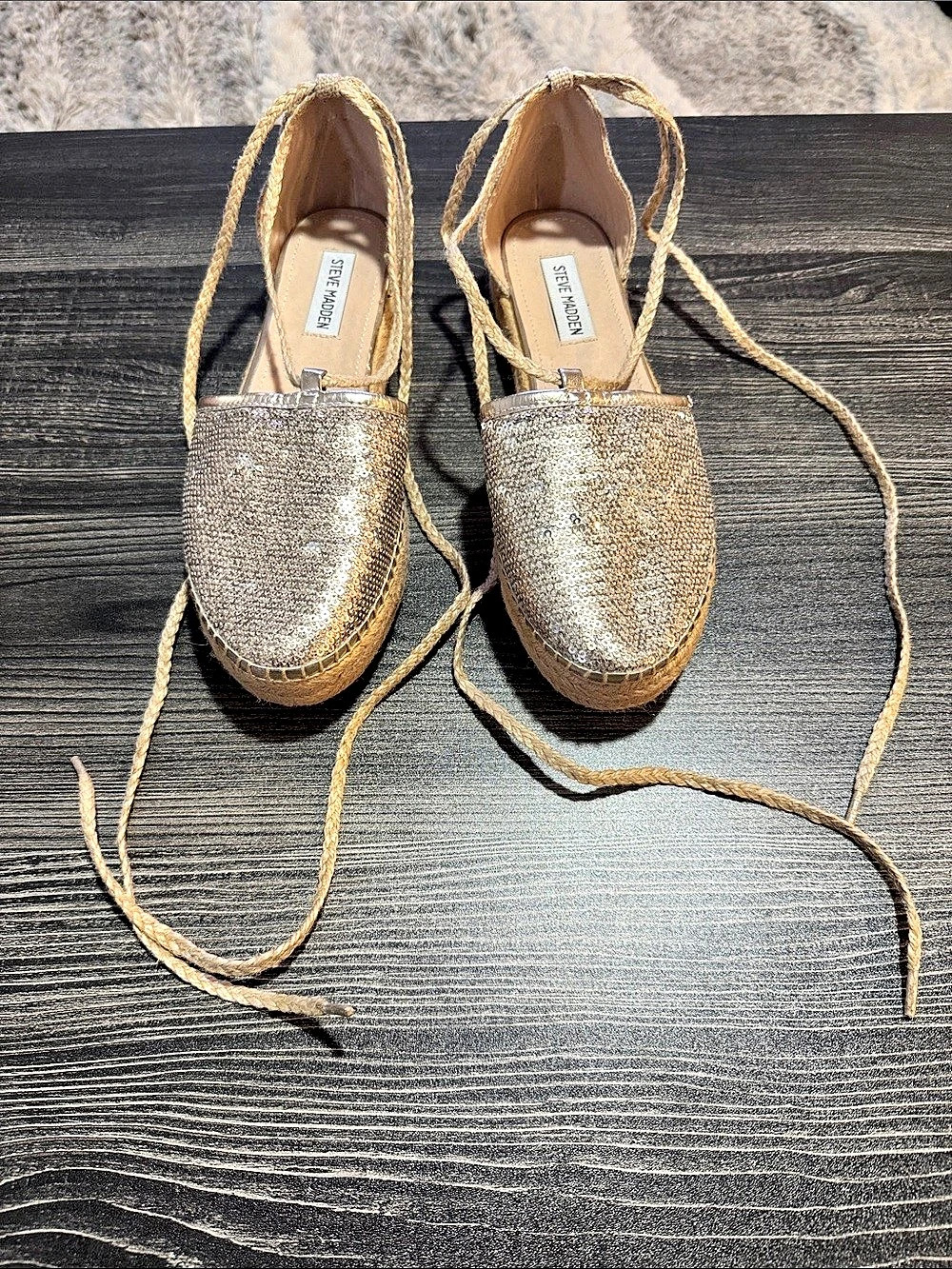 Steve Madden Tieup Espadrille Lace-Up Sequin Shoes in Gold